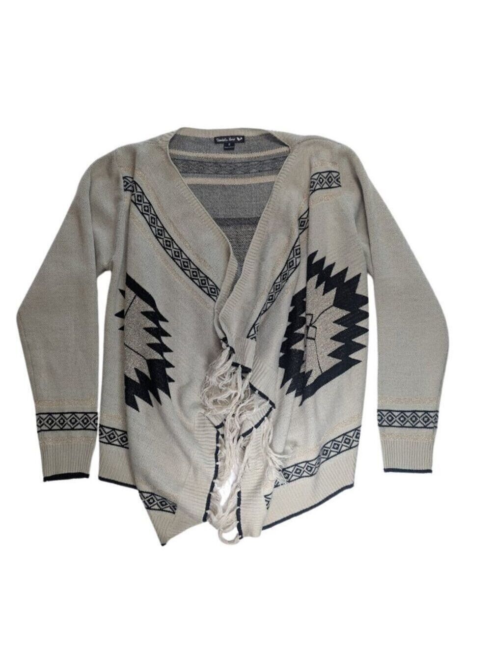 Double Zero Open Front Cardigan Sweater Tan Black Western Aztec Fringe Size Med